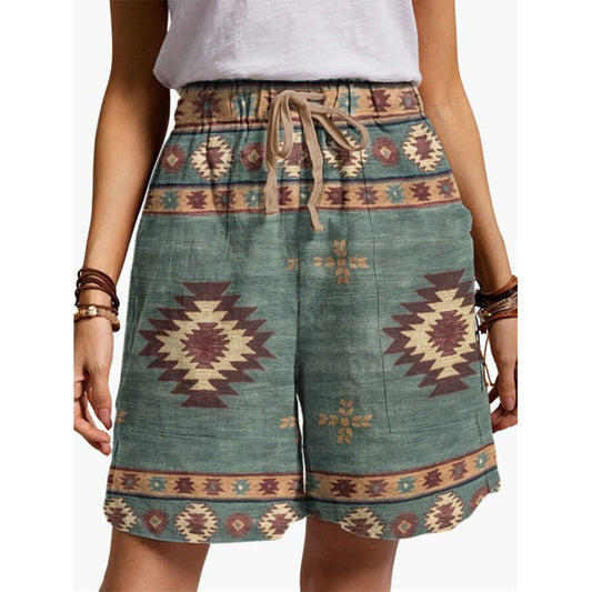 Western Retro Ethnic Print Denim Short Pants