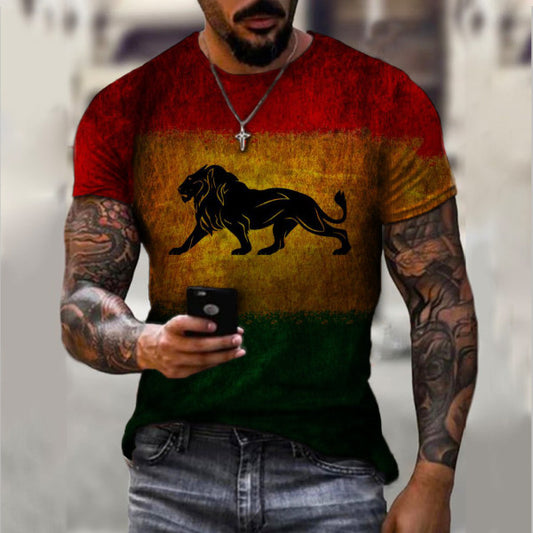Men_s retro lion print short sleeve T-shirt