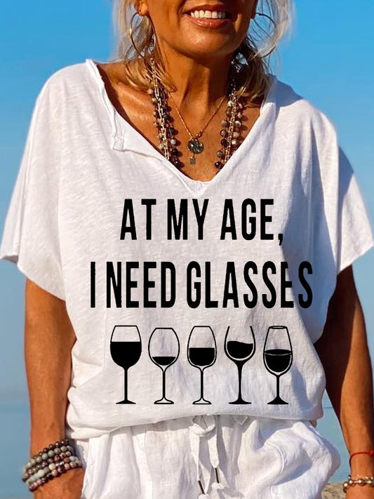 Women's At My Age, I Need Glasses Funny Graphic V-Neck Tee