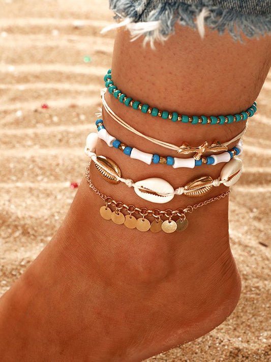 Set Of Six Boho Shell Fringed Anklets