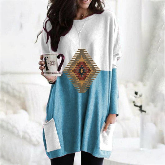 Ladies Retro Western Geometric Print Pocket T-Shirt