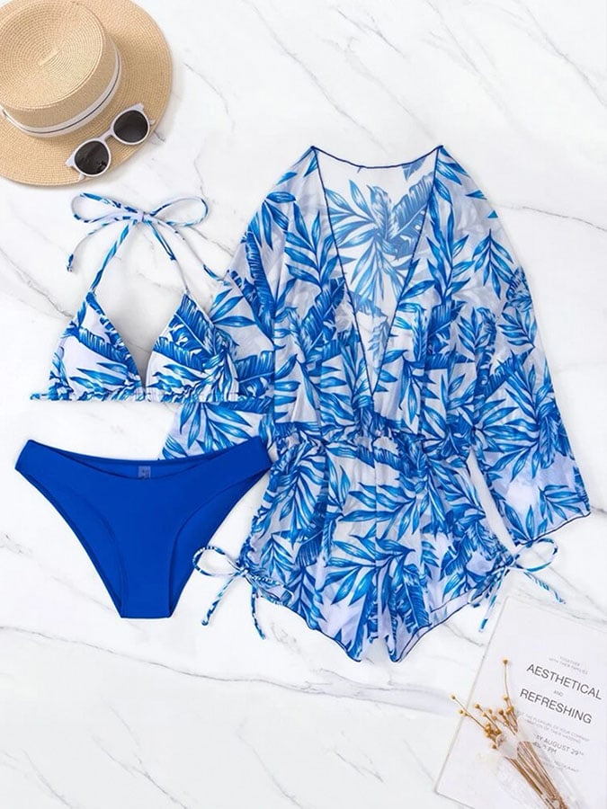 Three-piece bikini leaf print waist lace up long-sleeved beach sunscreen swimsuit