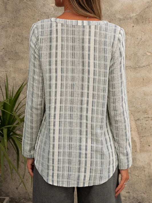 Women&#039;s Cotton Linen Loose V Neck Button Pocket Check Shirt