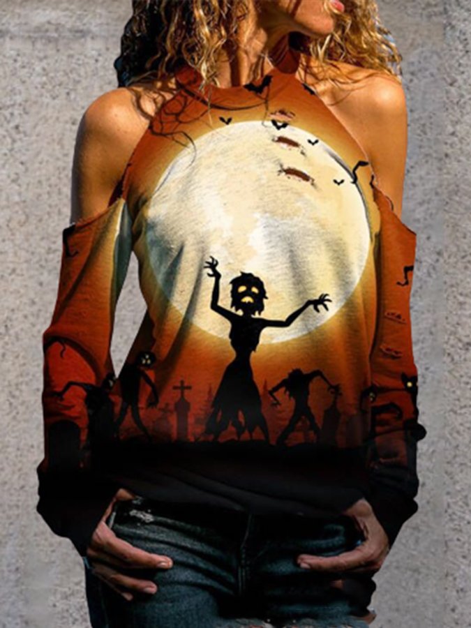 Halloween Off-The-Shoulder Print Shirt
