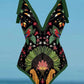Vintage Print Deep V One Piece Swimsuit Set