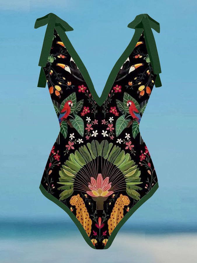 Vintage Print Deep V One Piece Swimsuit Set