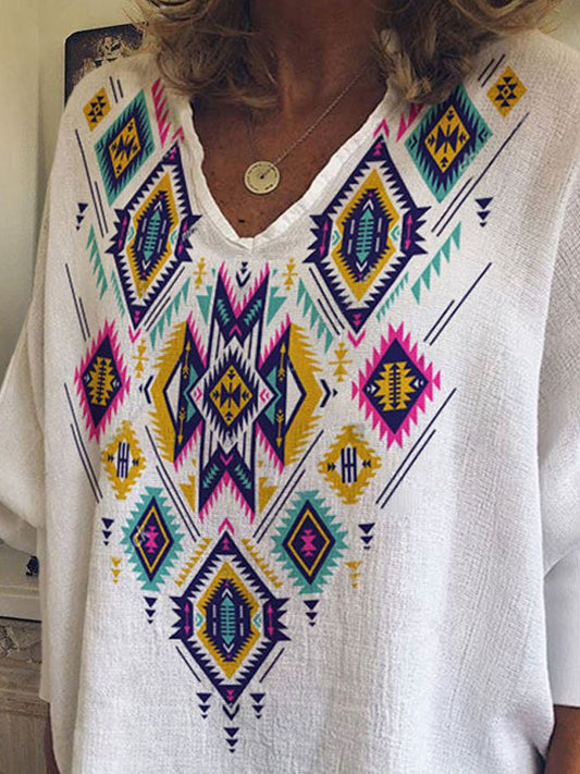 Ethnic Print V-Neck T-Shirt