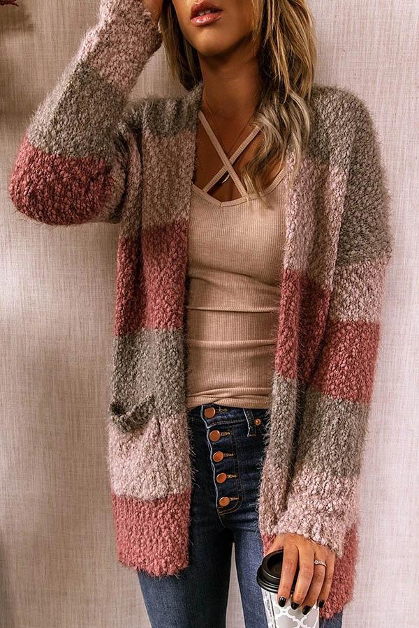 Color-block Striped Jacquard Open Front Fuzzy Paneled Pockets Cardigan