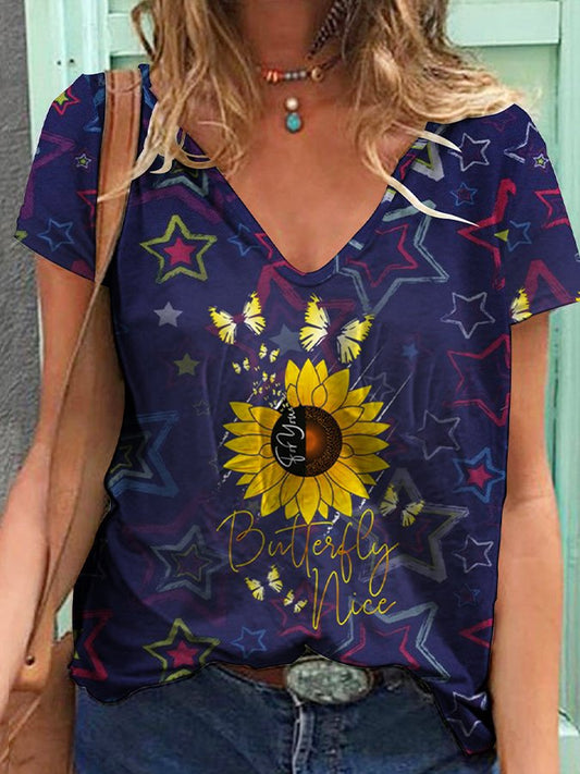 Women's Leisure Independence Day Sunflower Print T-shirt