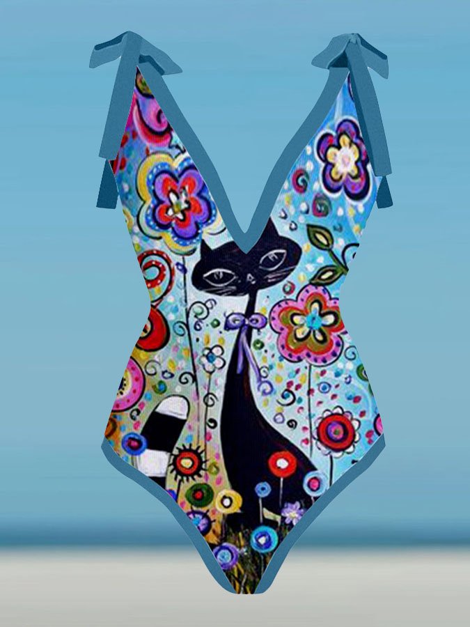 Fashion Cat Print V-Neck One-Piece Swimsuit Set