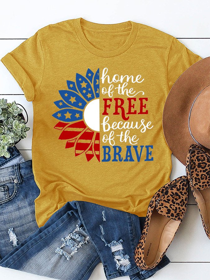 Women's Home Of The Free Because Of The Brave Independence Day Casual Cotton Tee