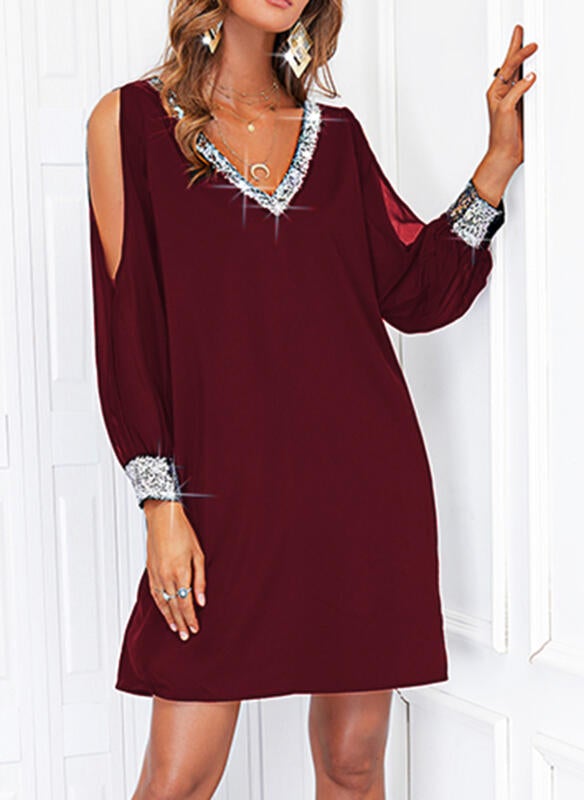 Women's Solid Sequins Long Sleeves Cold Shoulder Dress