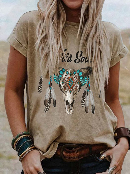 Feather Print Crew Neck Casual T-Shirt