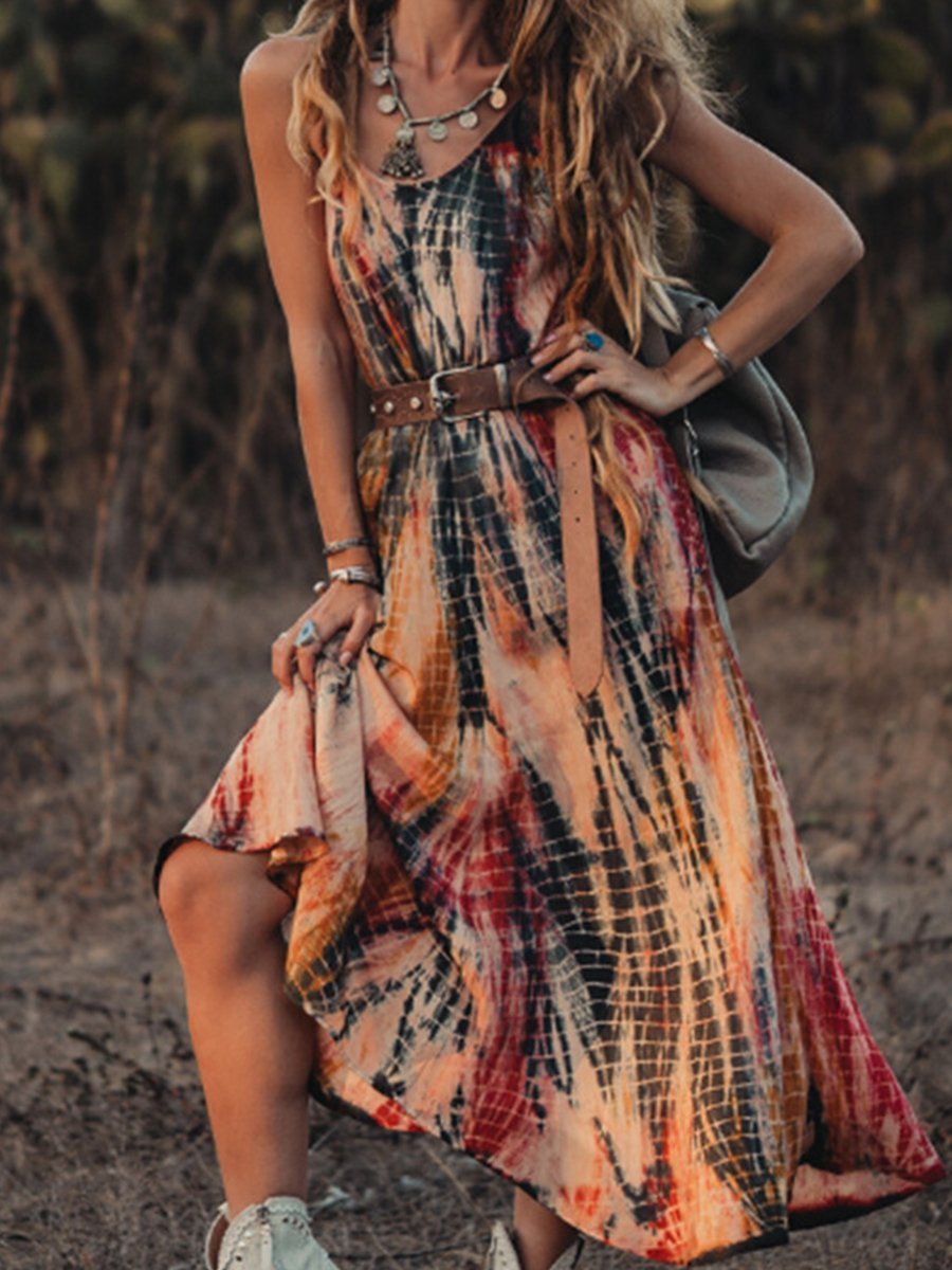 Tie Dye Printed Split Casual Dress