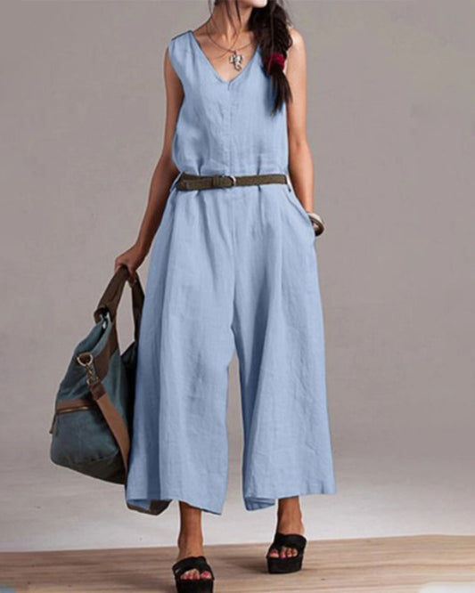 Women's Sleeveless V-Neck Cotton Linen Jumpsuit