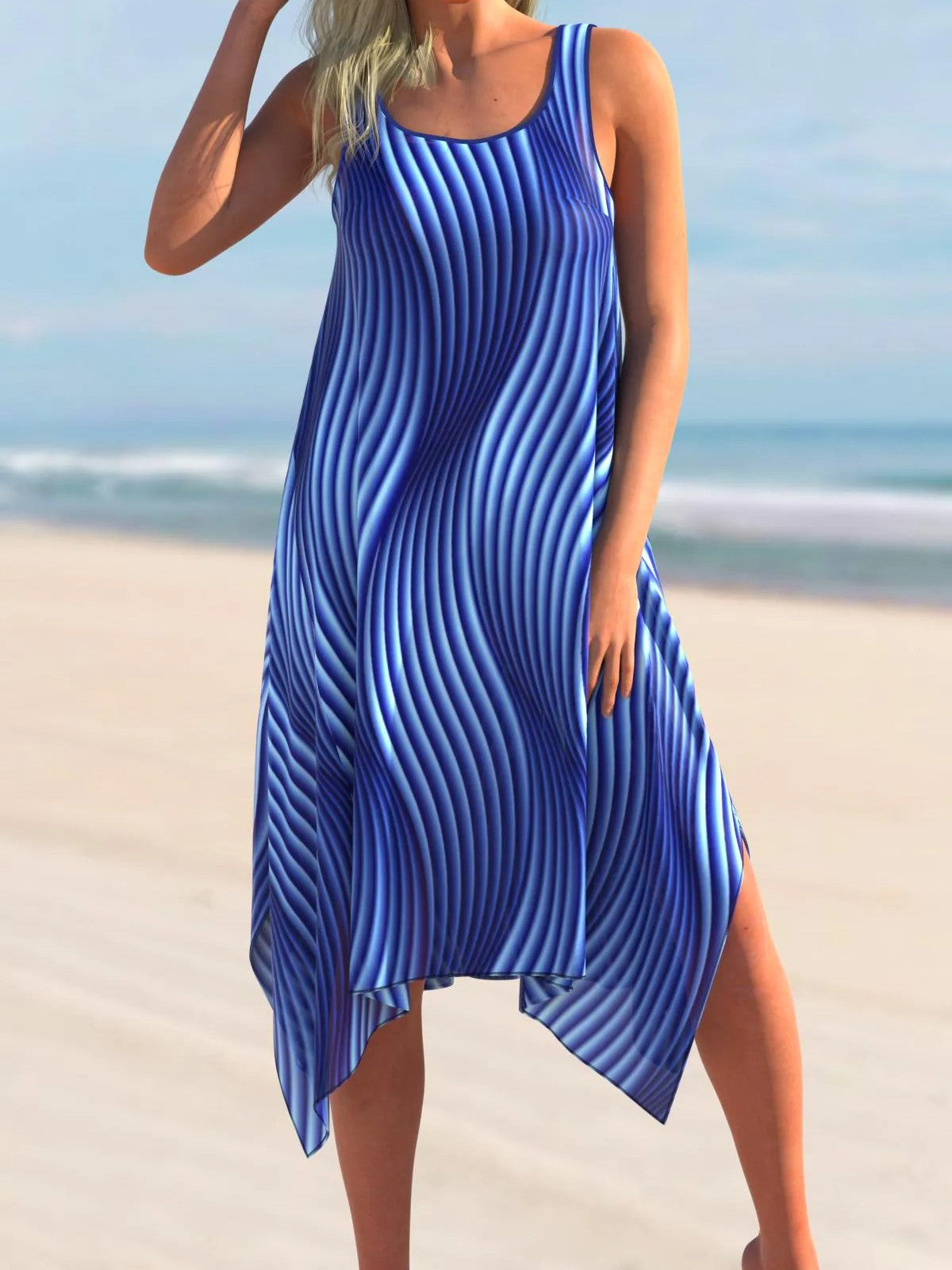 Blue Striped Asymmetric Hem Cover Up Dress