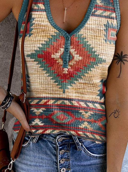 Button-Neck Western Print Vest