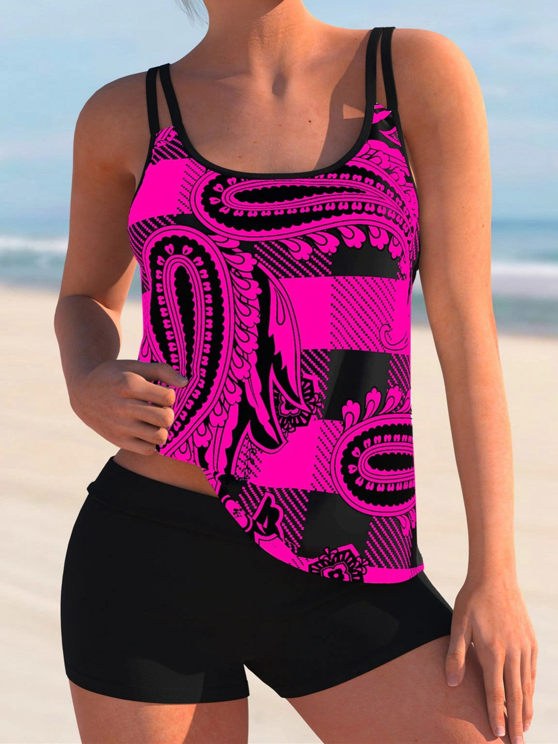 Spaghetti Strap Plaid And Paisley Print Tankini Set