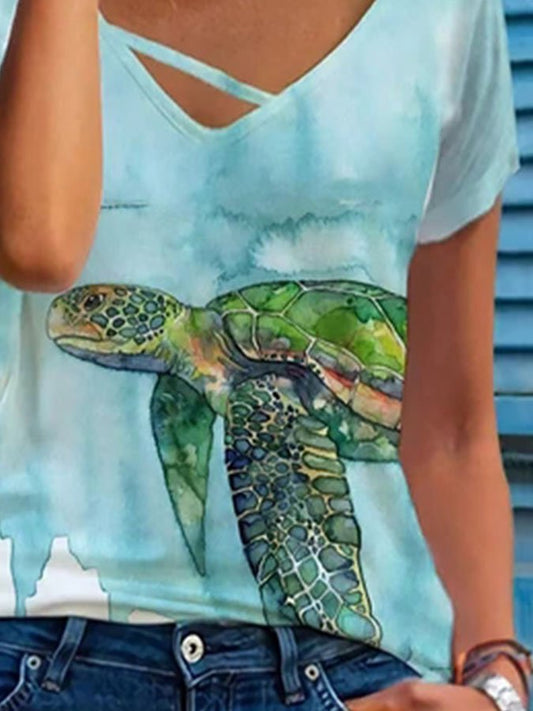 Turtle Print V-Neck T-Shirt