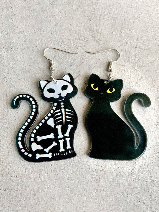 Halloween Retro Skull Asymmetric Black Cat Earrings