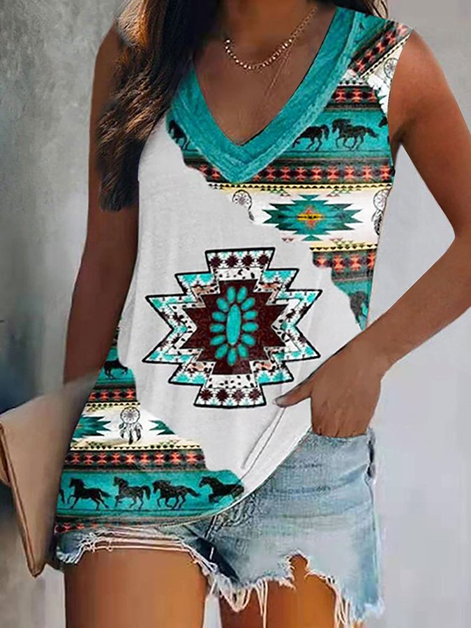 Ethnic Print V-Neck Vest