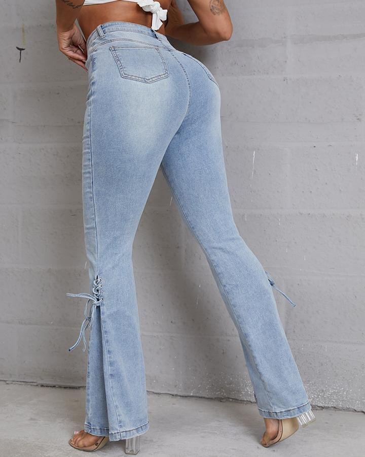 Plus Lace Up Side Pleated Flare Jeans