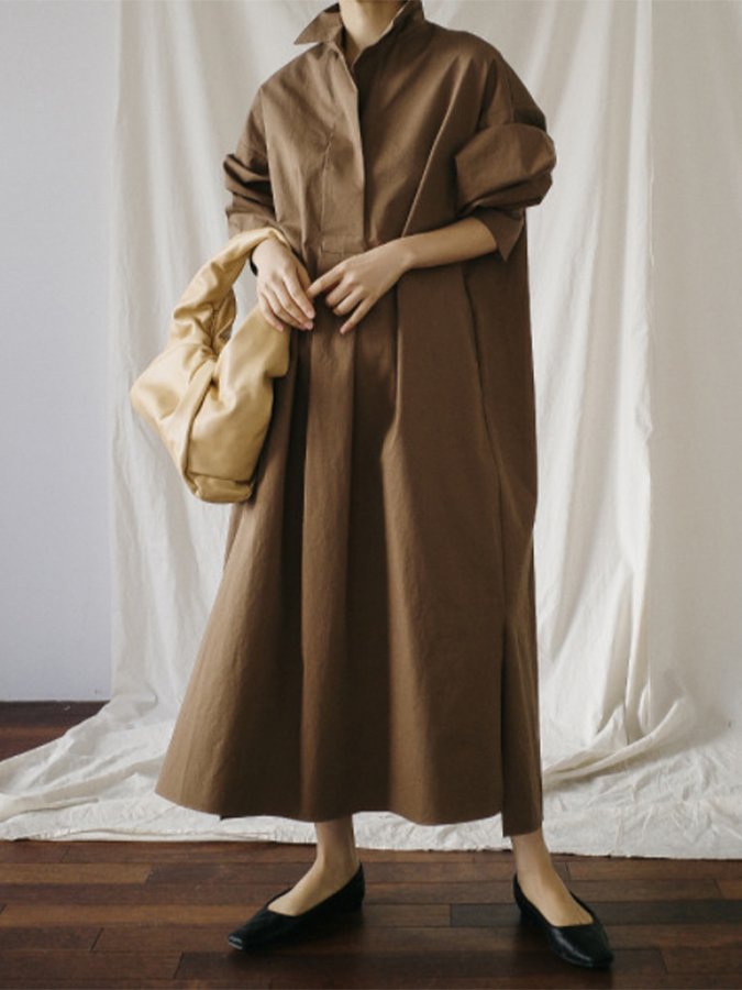 Women's Cotton Linen Loose Long Sleeve Shirt Dress