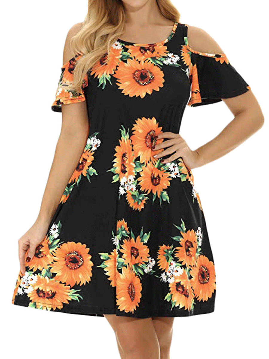 Sunflower Print Miss Shoulder Dress