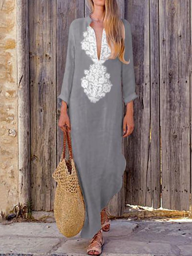 Cotton Linen V-Neck Long Sleeve Casual Dress