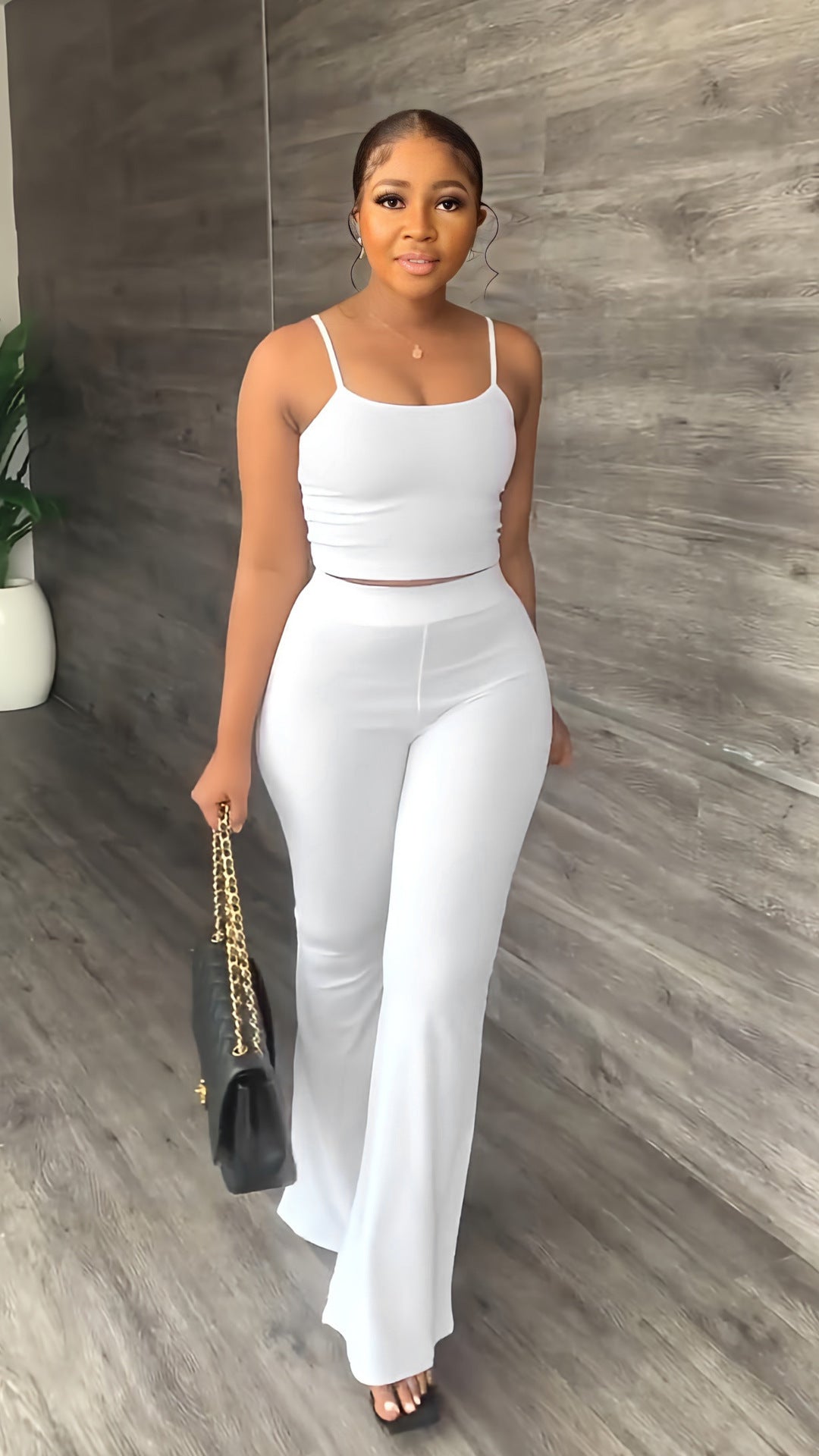 European and American solid color suspenders flared pants suit