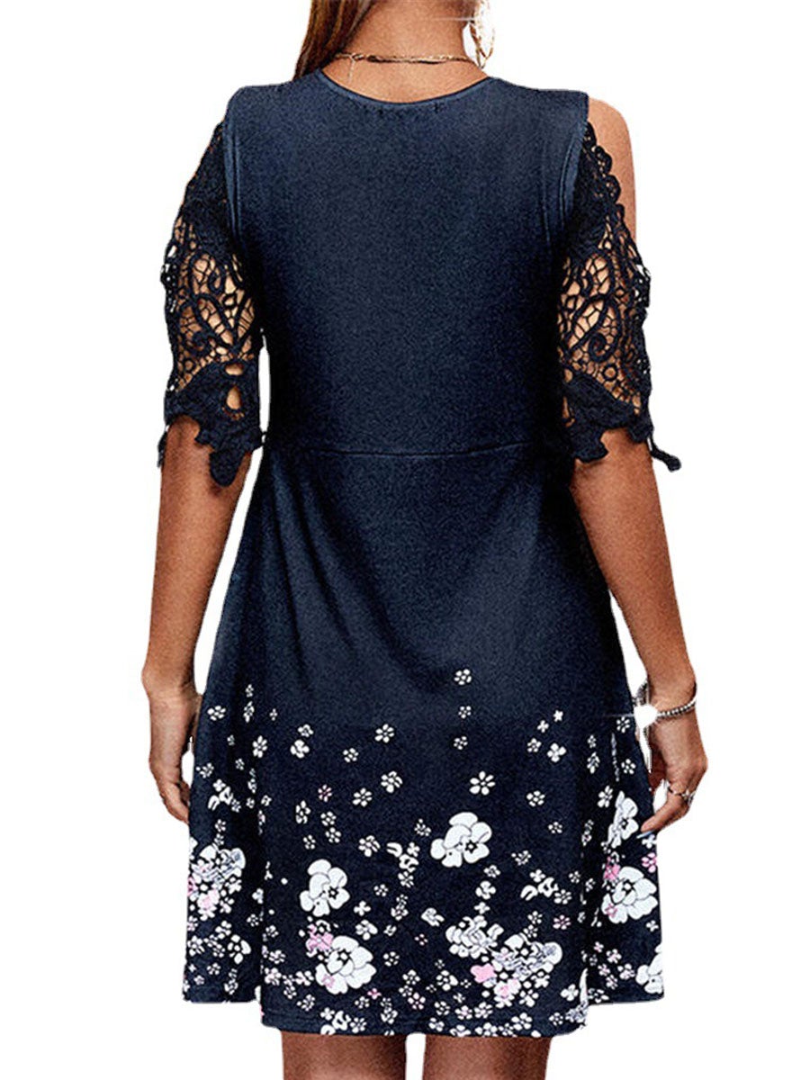 Printed Cold Shoulder Lace-sleeve Dress