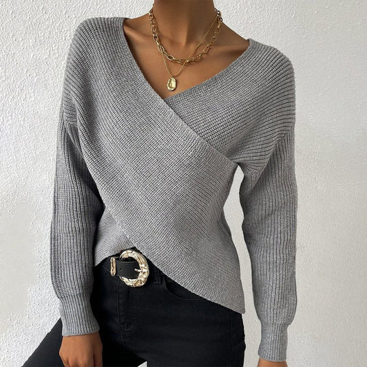 Gray Knit V-Neck Long Sleeve Wrap Sweater