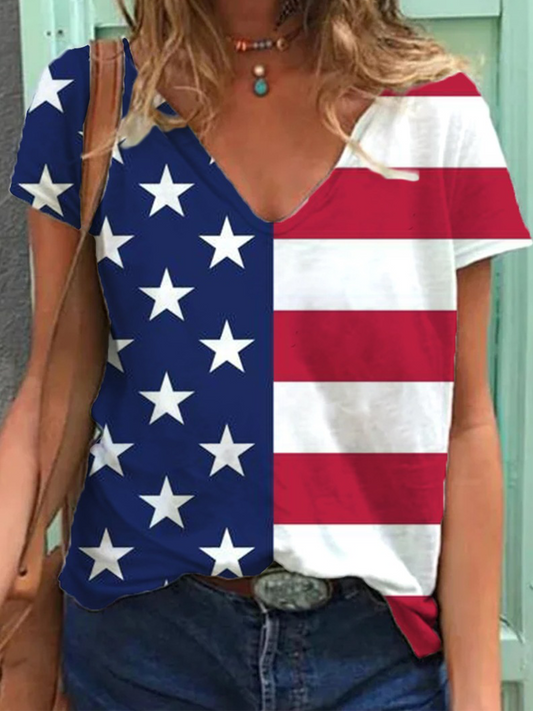 Women's Flag Print V-Necked T-Shirt