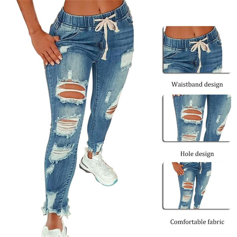 Women Ripped Hole Stretch Slim Pencil Jeans