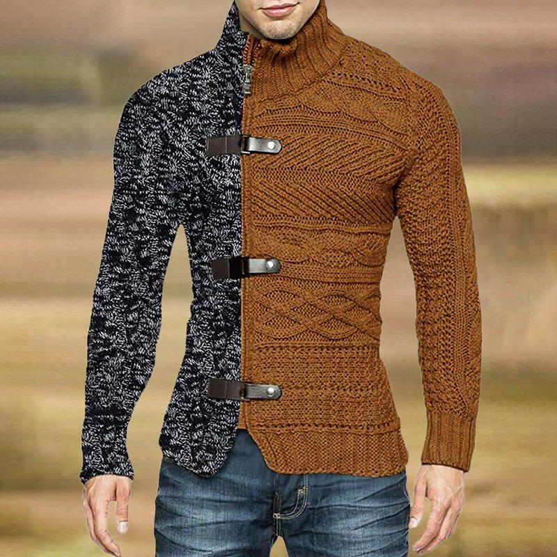 2022 autumn/winter turtleneck sweater men's color matching leather button long-sleeved knitted cardigan