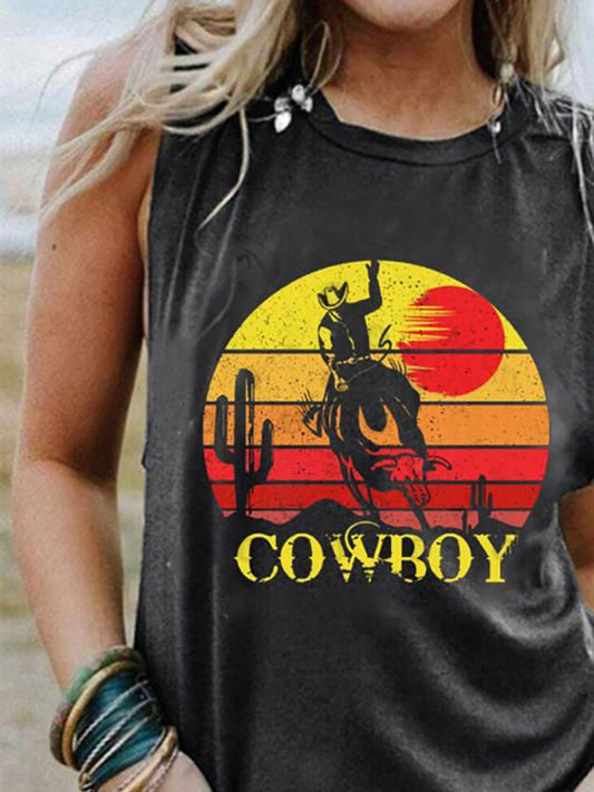 Western COWBOY Print Loose Tank Top