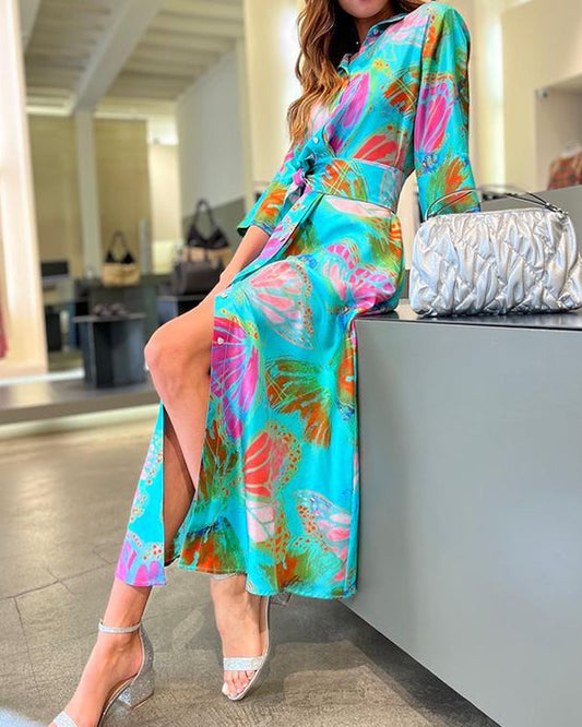 Casual Lapel Print Shirt Dress Midi Dress