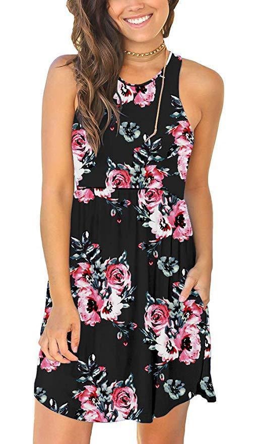 Sunflower Print Round Neck Pocket Dress