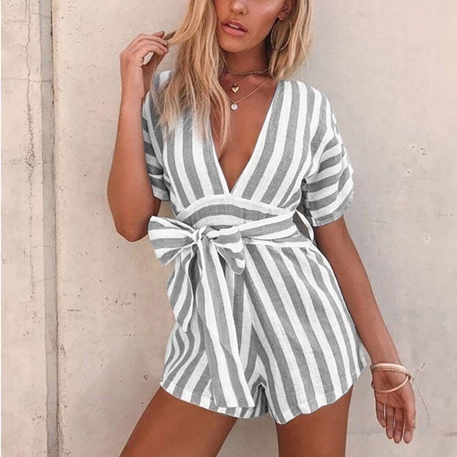 Cotton Linen Deep V Stripe Belt Jumpsuit