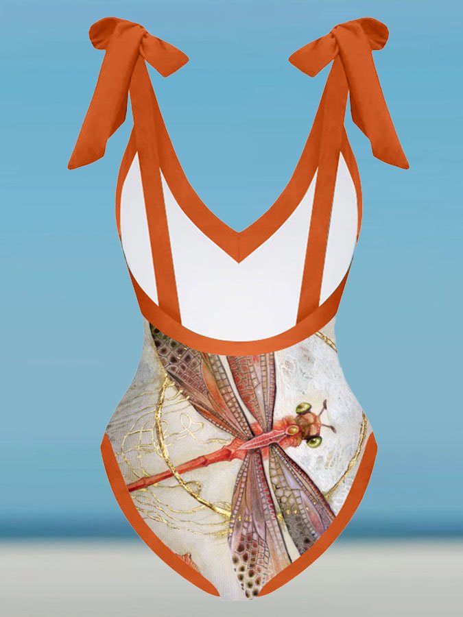 Fashion Print V-Neck One Piece Swimsuit Set