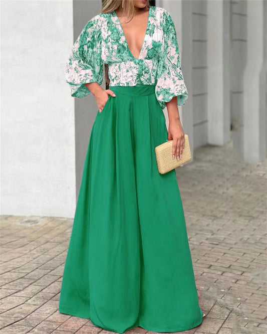 V-neck puff sleeve printed top fashion two-piece set