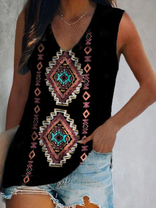 Vintage Geometric Print V-Neck T-Shirt