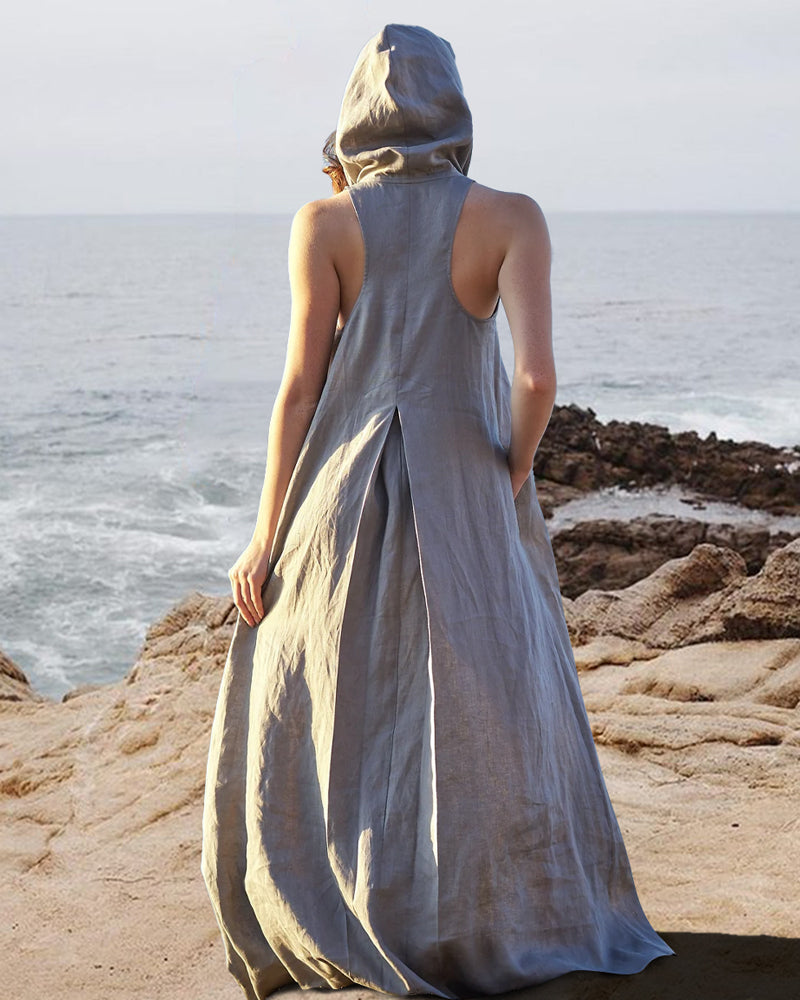 Linen Hoodie Sleeveless Kaftan Dress