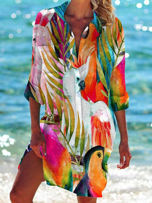 Hummingbird Print Casual Sun Protection Shirt