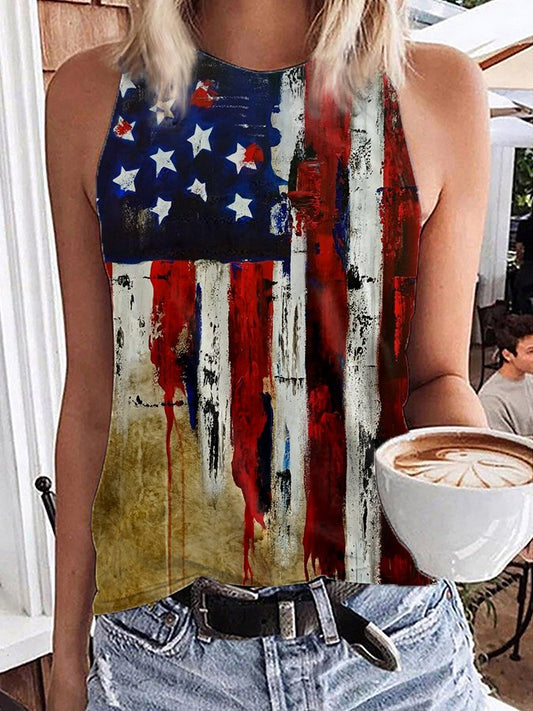 Women's Vintage Oil Painting Flag Print Sleeveless Tee