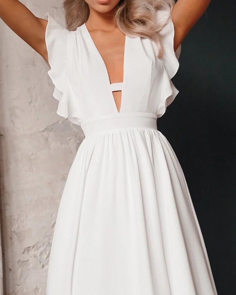 Solid Color Hollow Dress with Ruffles