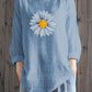Ladies Cotton Linen Daisy Print Casual Irregular Hem Shirt