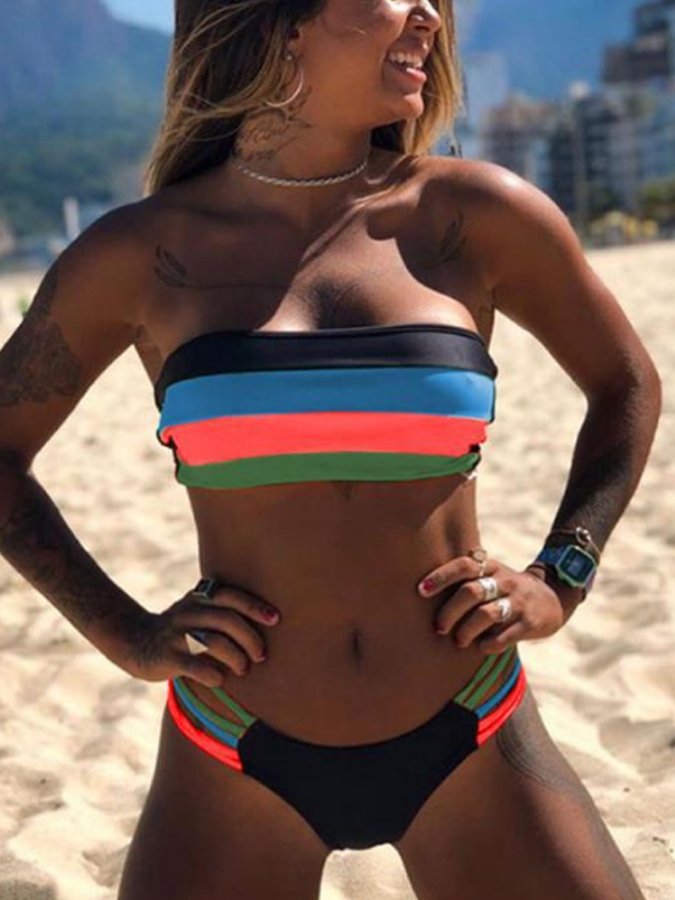Women's Casual Beach Plain Cloth Stitched Stripe Swimsuit