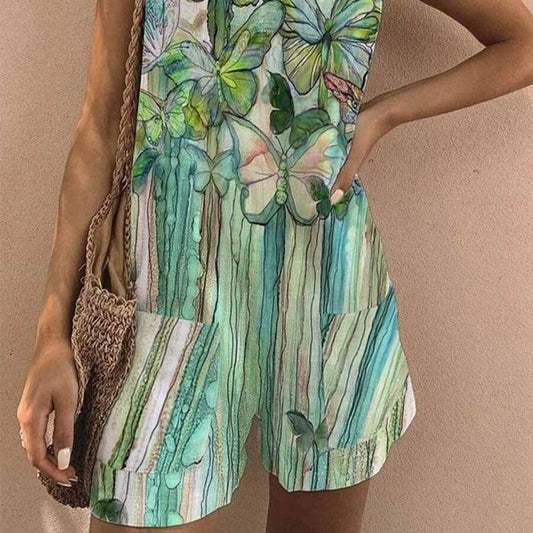 Women's Butterfly Print Cotton Linen Jumpsuit