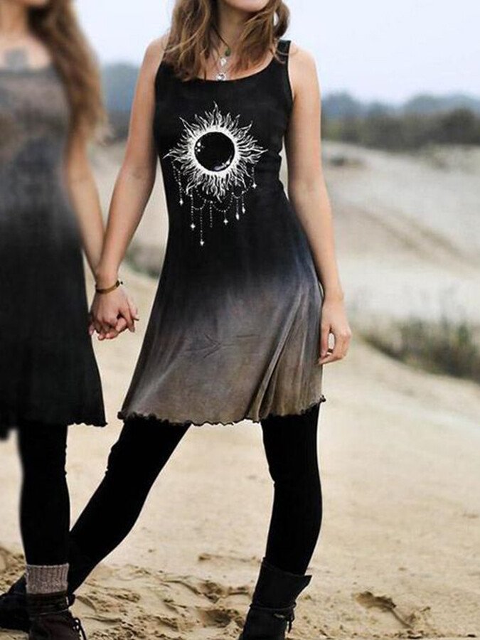 Women's retro sun print tie-dye dress